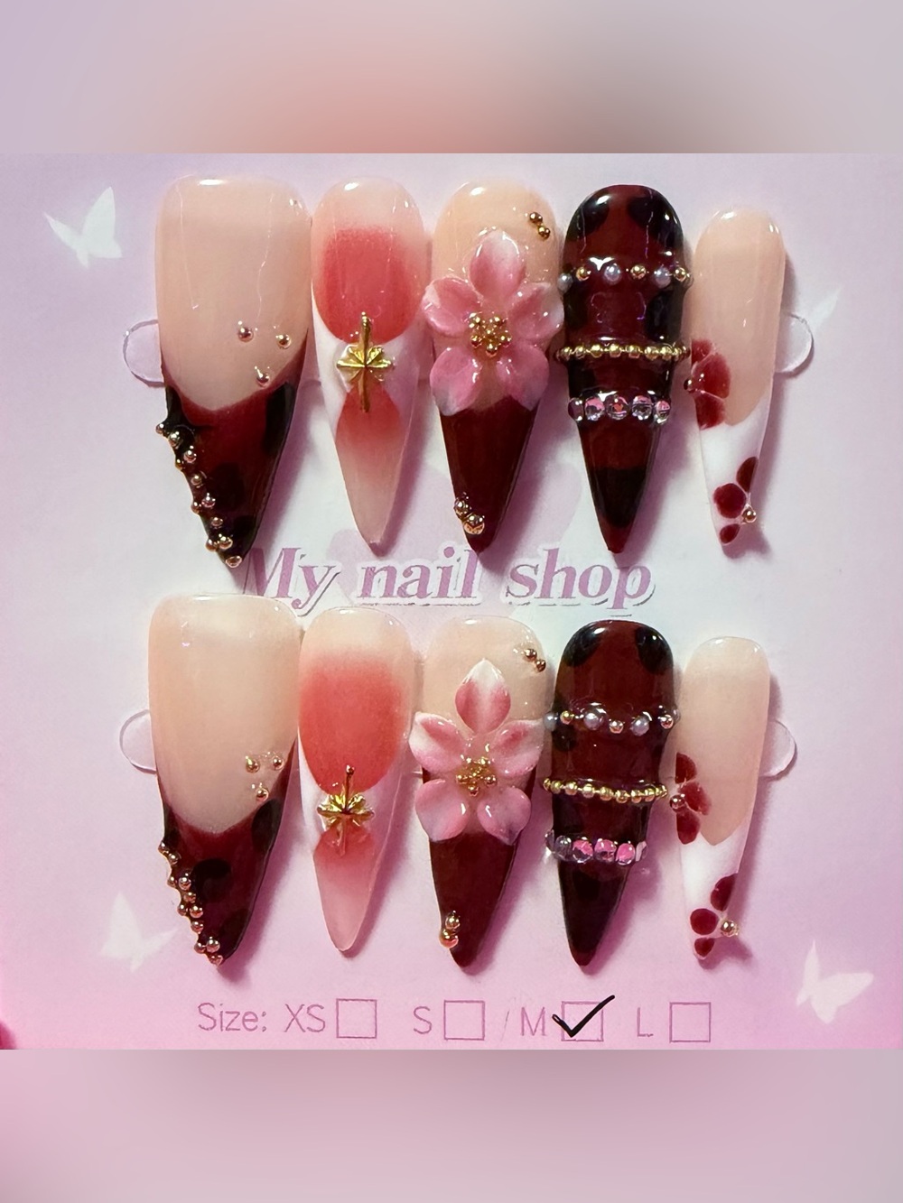 Women's Burgundy & Pink Floral Press-On Nail Set